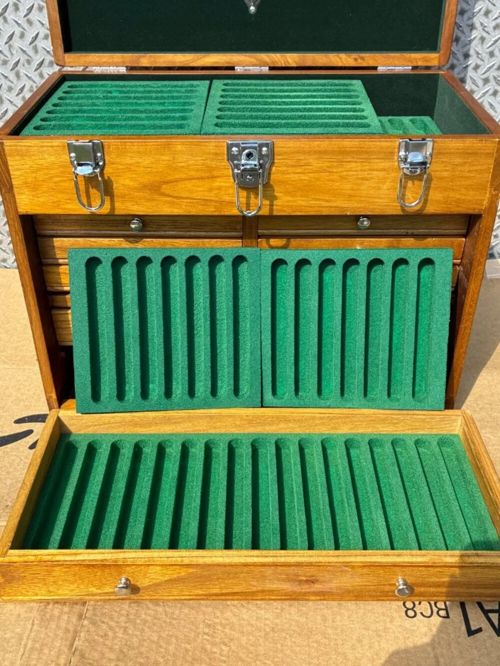 8 Drawer Hard Wood Tool Chest Storage Box Cabinet Felt Lined Machinists Chest